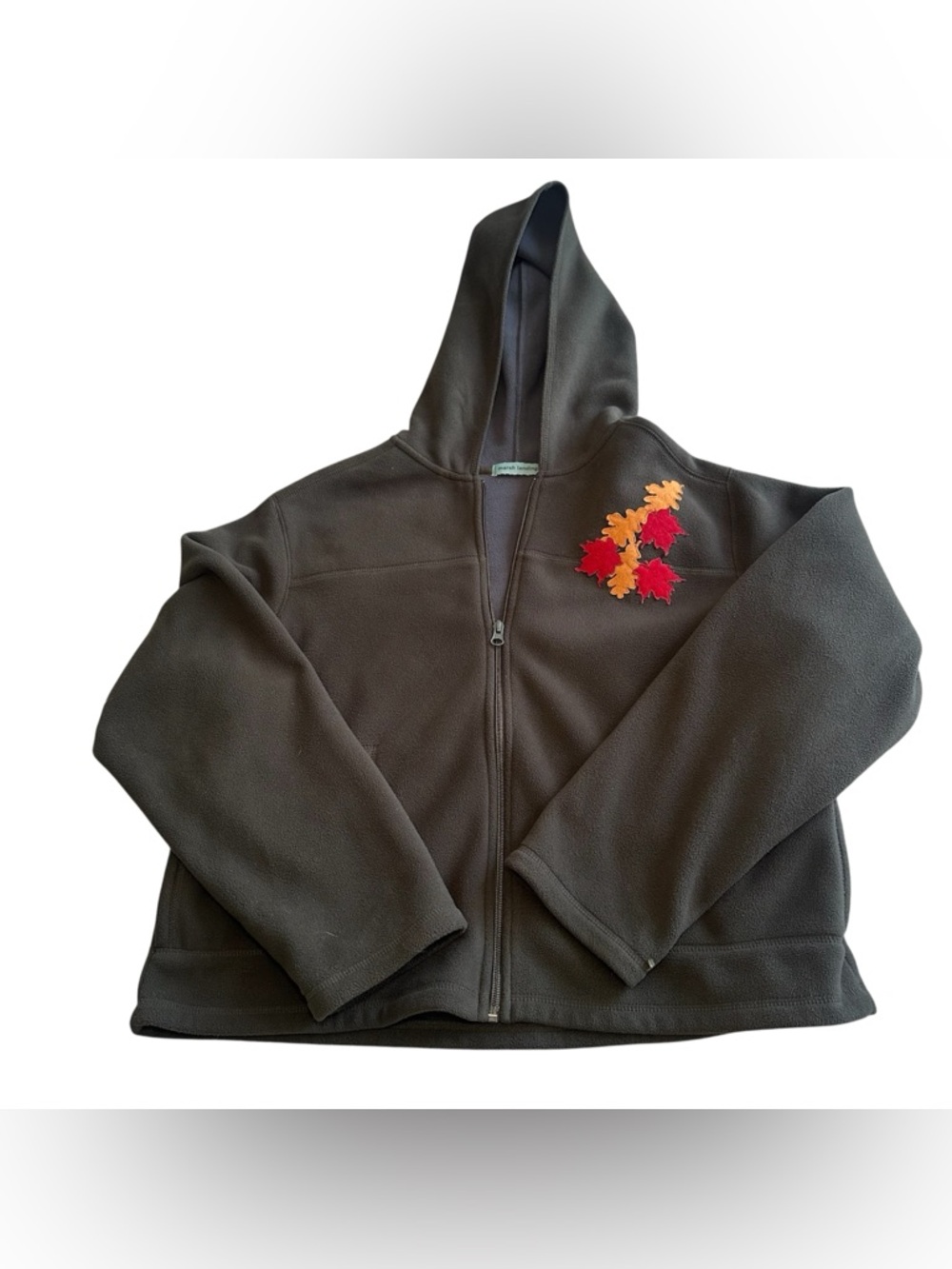 Marsh‎ Landing Dark Gray Green Fleece Zip Hoodie Embroidered Fall Leaves Size L